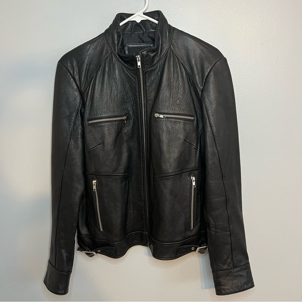 Mossimo Womens Black 100% Leather Moto Jacket Zippers Sz L Soft Biker Motorcycle